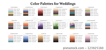 Color Palettes 18x5 Swatches for Weddings - Monochrome, Cool, Warm, Neutral, Mix Colors - with HEX Codes and Names, Colour Scheme and Combinations Color Palettes 18x5 Swatches for Weddings - Monochrome, Cool, Warm, Neutral, Mix Colors - with HEX Codes and Names, Colour Scheme and Combinations 123925160