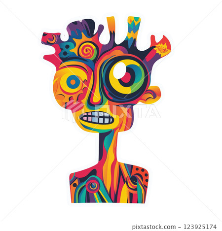 a colorful abstract figure with large eyes 123925174