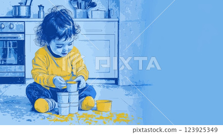 A white toddler stacking measuring cups on a kitchen floor Pop art aesthetics illustration. 123925349