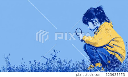 An Asian child discovering bugs with a magnifying glass Pop art aesthetics illustration. 123925353