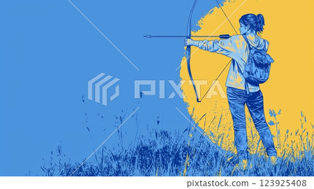 A white teen aiming a bow in archery practice Pop art aesthetics illustration. 123925408