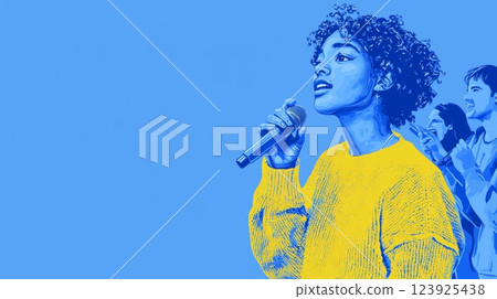 A Black teen hosting a poetry slam at the library Pop art aesthetics illustration. 123925438