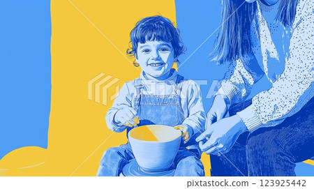 A white child attending a pottery workshop Pop art aesthetics illustration. 123925442