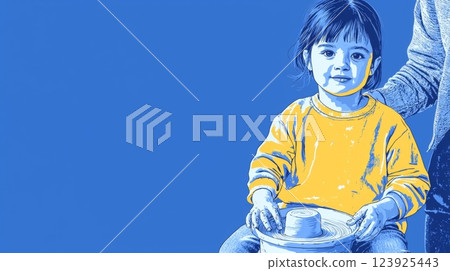 A white child attending a pottery workshop Pop art aesthetics illustration. 123925443