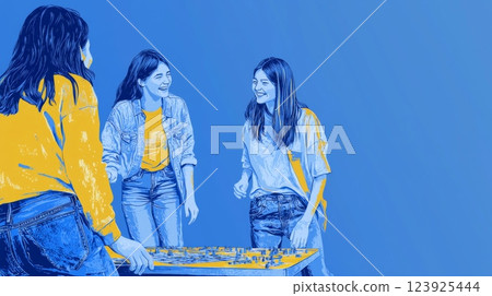 A white teen playing board games at a youth club Pop art aesthetics illustration. 123925444