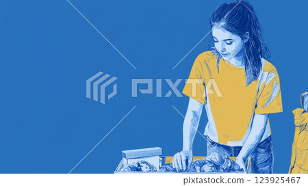 A white girl picking up her toys Pop art aesthetics illustration. 123925467