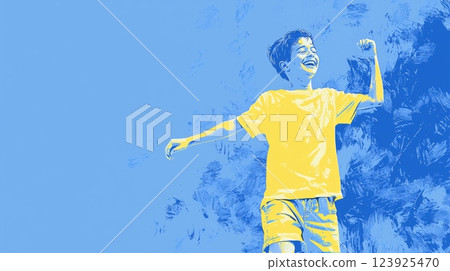A joyful Latino boy dancing to music Pop art aesthetics illustration. 123925470