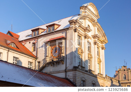 Historic Building with Clock in Winter in Poznan, Poland 123925686