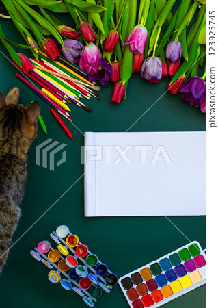 Tulips with watercolor blank paper and colored pencils Tulips with watercolor blank paper and colored pencils 123925745