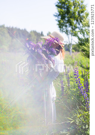 portrait of a girl in a blooming field in the sun at sunset portrait of a girl in a blooming field in the sun at sunset 123925771