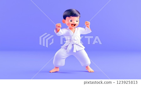 A white child doing basic karate drills in a dojo Linear minimalistic illustration. 123925813