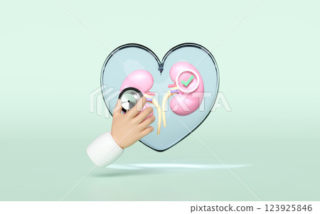 Doctor hand holding stethoscope with human kidneys in transparent heart, check mark isolated on green background. health love, world kidney day concept, 3d illustration render Doctor hand holding stethoscope with human kidneys in transparent heart, check mark isolated on green background. health love, world kidney day concept, 3d illustration render 123925846