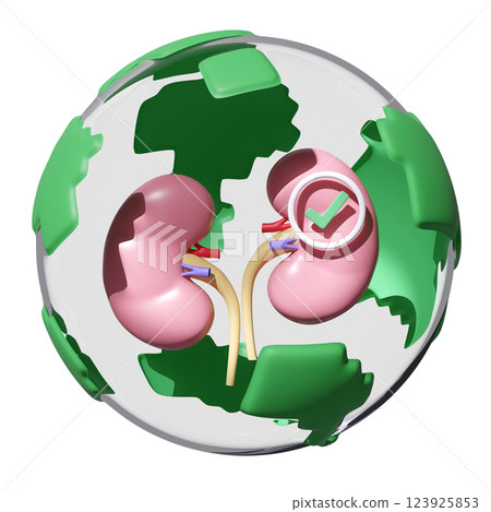 3d realistic human kidney in globe transparent with check mark isolated. health love, world kidney day concept, 3d illustration render 123925853
