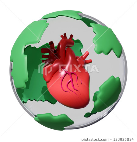 3d realistic human heart in globe transparent isolated. health love, world heart day concept, 3d illustration render 123925854