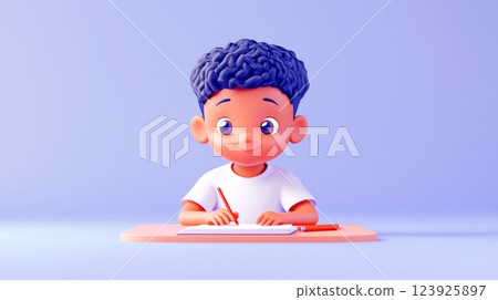 A focused Black boy doing homework Linear minimalistic illustration. 123925897