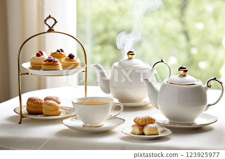 Elegant Afternoon Tea Table Scene 7: Tea Set and Sweets AI-Generated Image 123925977