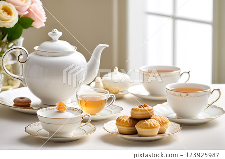 優雅下午茶桌場景14：茶具與糖果AI生成圖像 123925987