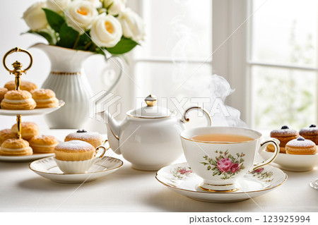 23 張 AI 生成的桌子圖片，桌子上擺放著茶具和糖果，供您享用優雅的下午茶 123925994