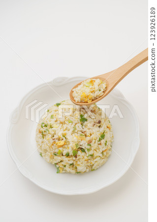 Simple fried rice (ingredients are egg, green onion, and shiitake mushroom) 123926189