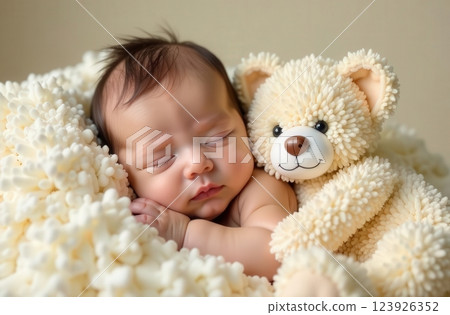 Newborn baby peacefully sleeping next to a soft teddy bear on a cozy blanket in a serene indoor setting 123926352
