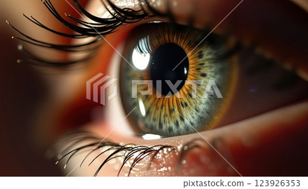 Close-up view of a human eye reflecting intricate details with vibrant colors and textures highlighting its beauty and complexity 123926353