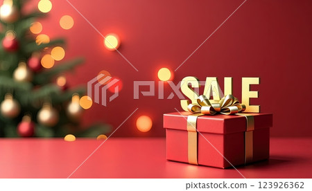 Festive sale gift box with decorative bow and illuminated Christmas tree in the background during holiday season 123926362