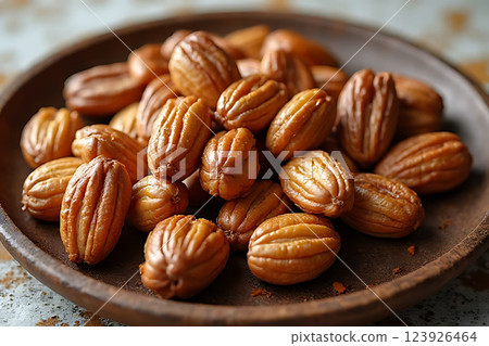 Roasting delicious nuts culinary preparation in a rustic kitchen close-up view of snack platter Roasting delicious nuts culinary preparation in a rustic kitchen close-up view of snack platter 123926464