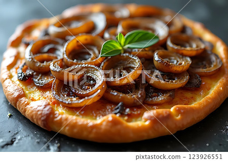 Sizzling onion pizza cooking experience home kitchen food photography warm ambiance close-up Sizzling onion pizza cooking experience home kitchen food photography warm ambiance close-up 123926551