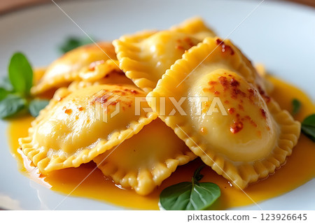 Delicious gourmet ravioli cozy italian restaurant experience in food photography 123926645