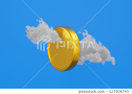 Big gold coin spin around the cloud, concept of money freedom, 3D rendering 123926743