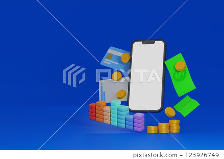 Mobile phone with credit card or ATM card and coin banknote, online shopping payment, 3D rendering. Mobile phone with credit card or ATM card and coin banknote, online shopping payment, 3D rendering. 123926749