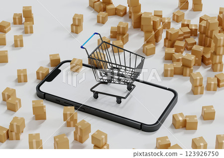 Parcel drop in supermarket cart on mobile phone and go ahead, online shopping, 3D rendering. Parcel drop in supermarket cart on mobile phone and go ahead, online shopping, 3D rendering. 123926750