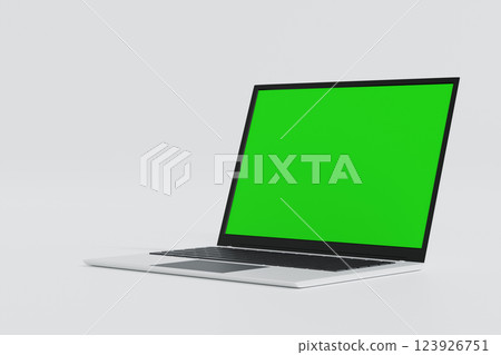 Laptop open to show green screen and close up display, application website present, 3D rendering Laptop open to show green screen and close up display, application website present, 3D rendering 123926751