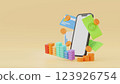 Mobile phone with credit card or ATM card and coin banknote, online shopping payment, 3D rendering. 123926754