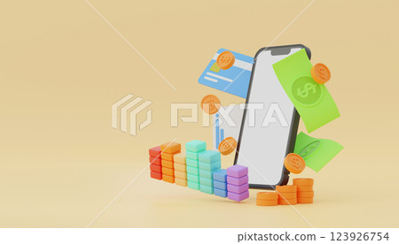 Mobile phone with credit card or ATM card and coin banknote, online shopping payment, 3D rendering. Mobile phone with credit card or ATM card and coin banknote, online shopping payment, 3D rendering. 123926754