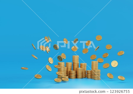 Falling gold dollar coins money on blue background, business banking and financial concept,3D render Falling gold dollar coins money on blue background, business banking and financial concept,3D render 123926755