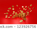 Falling gold dollar coins money on red background, business banking and financial concept, 3D render 123926756