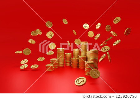 Falling gold dollar coins money on red background, business banking and financial concept, 3D render Falling gold dollar coins money on red background, business banking and financial concept, 3D render 123926756