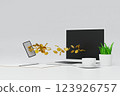 Gold coin money flying out of laptop screen, online market success concept. 3D rendering. 123926757