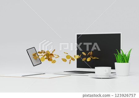 Gold coin money flying out of laptop screen, online market success concept. 3D rendering. 123926757