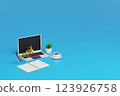 Gold coin money flying out of laptop screen, online market success concept. 3D rendering. 123926758