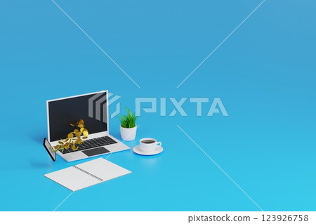 Gold coin money flying out of laptop screen, online market success concept. 3D rendering. 123926758