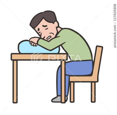 Orthopnea, a middle-aged man sitting in a chair and leaning against a cushion 123926806