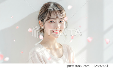 飄落的粉紅色花瓣和微笑的年輕女子 123926810