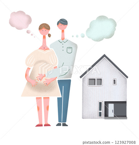 手繪插畫:一對新婚夫婦懷著孩子在家門前思考 手繪插畫:一對新婚夫婦懷著孩子在家門前思考 123927008