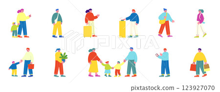 A vector illustration set of many people. Flat design with a fun atmosphere of people shopping and going out with their children 123927070