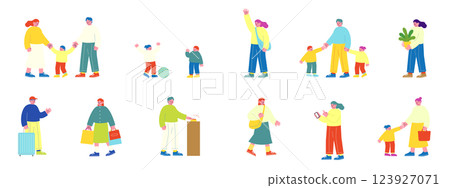 一組許多人的向量插圖。扁平化設計，父母與孩子外出購物的歡樂氛圍 123927071