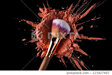 Make-up brush with Peach Fuzz powder explosion isolated in a black background with Generative AI. 123927407