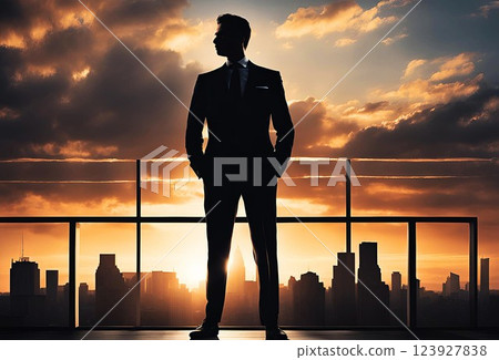 日落時分，一位莊重的商人雙手插在口袋裡，站在屋頂上 123927838