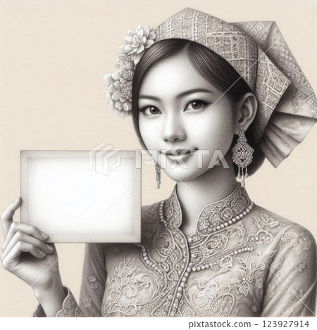 Elegant Asian Woman in Traditional chut thai Holding a Blank Sign Elegant Asian Woman in Traditional chut thai Holding a Blank Sign 123927914